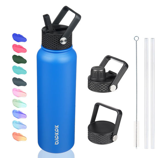 Picture of BJPKPK Insulated Water Bottles with Straw Lid, 40oz Stainless Steel Water Bottles with 3 Lids, Large Metal Water Bottle, BPA Free Leakproof Thermos Water Bottle for Sports & Gym- Sapphire