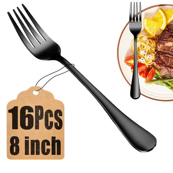 Picture of 16 Piece Black Dinner Forks Set, Food-Grade Stainless Steel Silverware Forks, Cutlery Forks, Metal Forks for Home, Kitchen or Restaurant, Mirror Polished, Dishwasher Safe - 8 Inch