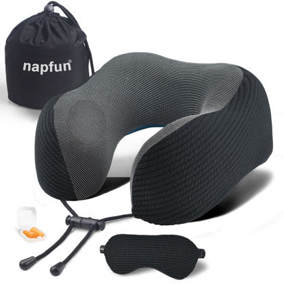 Picture of napfun Neck Pillow for Traveling, Upgraded Travel Neck Pillow for Airplane 100% Pure Memory Foam Travel Pillow for Flight Headrest Sleep, Portable Plane Accessories, Striped Black