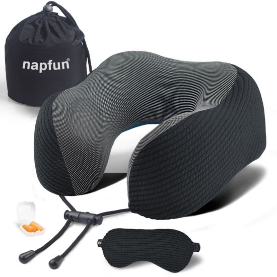 Picture of napfun Neck Pillow for Traveling, Upgraded Travel Neck Pillow for Airplane 100% Pure Memory Foam Travel Pillow for Flight Headrest Sleep, Portable Plane Accessories, Striped Black
