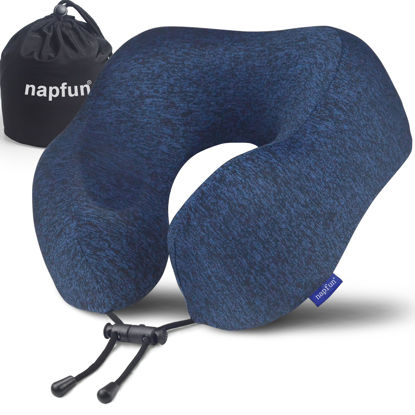 Picture of napfun Neck Pillow for Traveling, Upgraded Travel Neck Pillow for Airplane 100% Pure Memory Foam Travel Pillow for Flight Headrest Sleep, Portable Plane Accessories, Full Dark Blue, Medium (120-200LB)