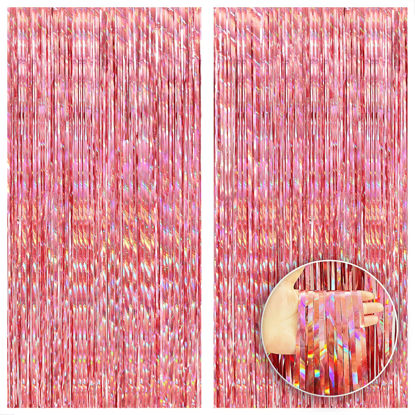 Picture of KatchOn, Holographic Rose Gold Fringe Curtain - Large, 6.4x8 Feet, Pack of 2 | Holographic Rose Gold Backdrop for Bachelorette Party Decorations | Rose Gold Streamers for Girls Night Decorations