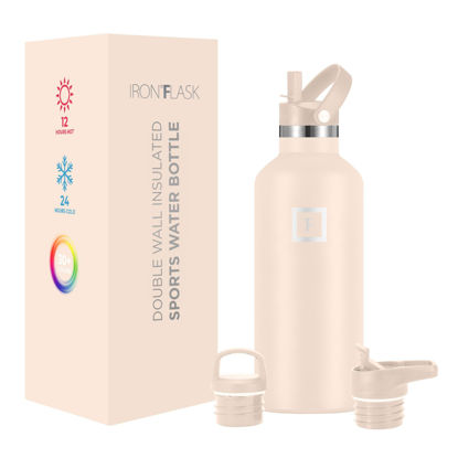 Picture of IRON °FLASK Camping & Hiking Hydration Canteens - 3 Lids (Narrow Straw Lid) Leak Proof Vacuum Insulated Stainless Steel - Hot & Cold Double Walled Sports Water Bottle - Sand, 32 Oz