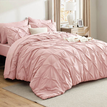 Picture of Bedsure Pink Comforter Set Full - Bedding Sets Full 7 Pieces, Pintuck Bed in a Bag Pink Bed Set with Comforter, Sheets, Pillowcases & Shams, Adult & Kids Bedding