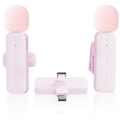 Picture of 2 Pack Wireless Mini Lavalier Lapel Microphone for iPhone,Android Phone(2 in 1) - 80ft Cordless Clip on Dual Mics with Noise Reduction 5H Working Time for Video Recording Vlogging, YouTube, (Pink)