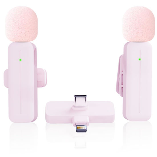 Picture of 2 Pack Wireless Mini Lavalier Lapel Microphone for iPhone,Android Phone(2 in 1) - 80ft Cordless Clip on Dual Mics with Noise Reduction 5H Working Time for Video Recording Vlogging, YouTube, (Pink)