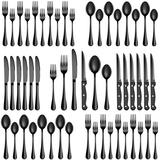 Picture of 72 Pcs Black Silverware Set with Steak Knives, Stainless Steel Flatware Cutlery Set Service for 12, Kitchen Tableware Set, Utensil Set for Home and Restaurant, Knives Forks Spoon Set, Dishwasher Safe