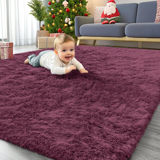 Picture of OLANLY Area Rugs for Living Room Bedroom, Machine Washable 4x5.9 Feet Soft Fluffy Shaggy Bedside Rug, Indoor Floor Carpet for Kids Girls and Boys, Dorms, Nursery Rooms, Home Decor Aesthetic, Burgundy