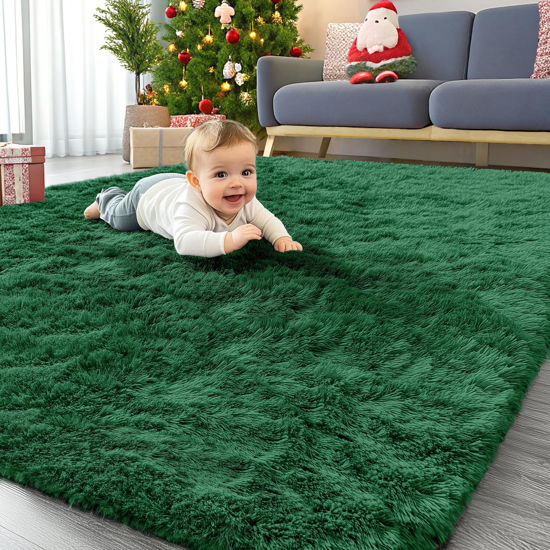 Picture of OLANLY Area Rugs for Living Room Bedroom, Machine Washable 4x5.9 Feet Soft Fluffy Shaggy Bedside Rug, Indoor Floor Carpet for Kids Girls Boys, Dorms, Nursery Rooms, Home Decor Aesthetic, Dark Green
