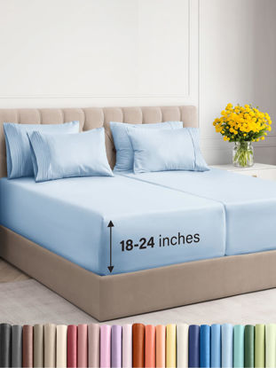 Picture of Extra Deep Split King Sheet Set - 7 Piece Breathable and Cooling Sheets - Hotel Luxury Bed Sheets Set - Easy Fit - Soft, Wrinkle Free and Comfy Sheets Set - Sky Blue Sheet Set with Extra Deep Pockets