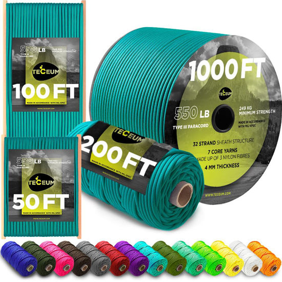 Picture of TECEUM Paracord Type III 550 Green Wave - 1000 ft - 4mm - Tactical Rope MIL-SPEC - Outdoor para Cord - Camping Hiking Fishing Gear - EDC Parachute Cord - Strong Survival Rope 460