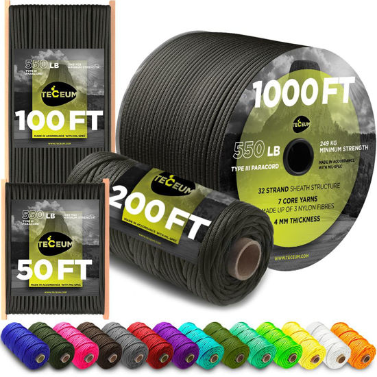 Picture of TECEUM Paracord Type III 550 Gun Grey - 1000 ft - 4mm - Tactical Rope MIL-SPEC - Outdoor para Cord - Camping Hiking Fishing Gear - EDC Parachute Cord - Strong Survival Rope 073