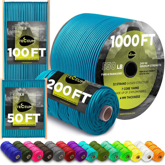 Picture of TECEUM Paracord Type III 550 Ice Mint - 200 ft - 4mm - Tactical Rope MIL-SPEC - Outdoor para Cord -Camping Hiking Fishing Gear and Equipment - EDC Parachute Cord - Strong Survival Rope 049