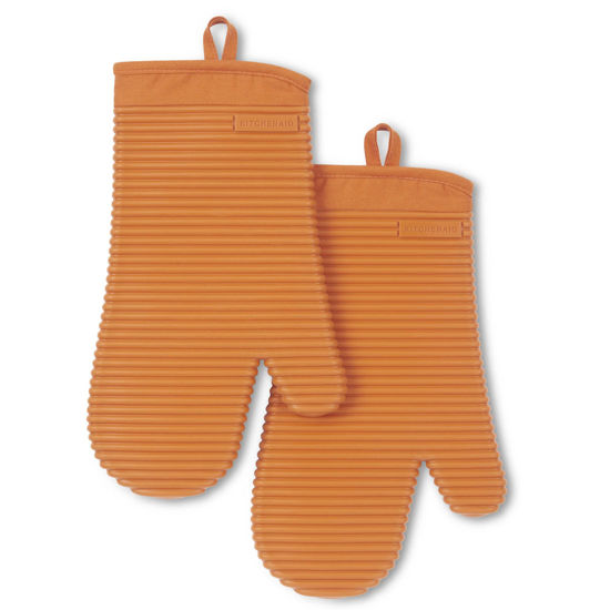 Picture of KitchenAid Ribbed Soft Silicone Oven Mitt 2-Pack Set, Honey, 7.5"x13"