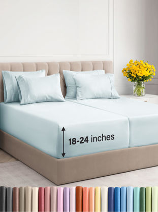 Picture of Extra Deep Split King Sheet Set - 7 Piece Breathable and Cooling Sheets - Hotel Luxury Bed Sheets Set - Easy Fit - Soft, Wrinkle Free and Comfy Sheets Set - Ice Blue Sheet Set with Extra Deep Pockets
