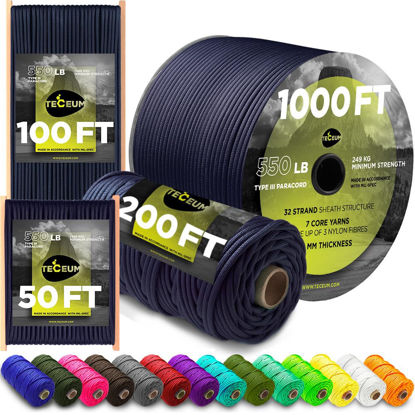 Picture of TECEUM Paracord Type III 550 Navy Blue - 1000 ft - 4mm - Tactical Rope MIL-SPEC - Outdoor para Cord - Camping Hiking Fishing Gear - EDC Parachute Cord - Strong Survival Rope 038