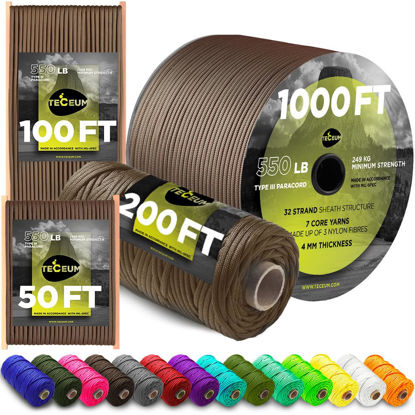 Picture of TECEUM Paracord Type III 550 Copper Brown - 50 ft - 4mm - Tactical Rope MIL-SPEC - Outdoor para Cord - Camping Hiking Fishing Gear - EDC Parachute Cord - Strong Survival Rope 015 N