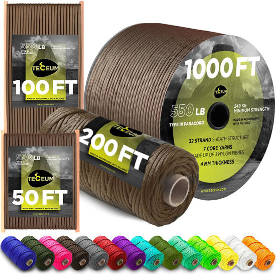 Picture of TECEUM Paracord Type III 550 Copper Brown - 200 ft - 4mm - Tactical Rope MIL-SPEC - Outdoor para Cord - Camping Hiking Fishing Gear - EDC Parachute Cord - Strong Survival Rope 015