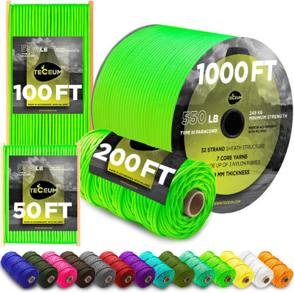 Picture of TECEUM Paracord Type III 550 Neon Green - 200 ft - 4mm - Tactical Rope MIL-SPEC - Outdoor para Cord - Camping Hiking Fishing Gear - EDC Parachute Cord - Strong Survival Rope 462