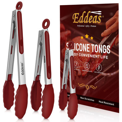 Picture of EDDEAS Tongs For Cooking - 7",9" and 12 inch Kitchen Tong with Silicone Tip,Heat Resistant 600 Degrees Metal Locking Tongs - for cooking,Salad and Barbecue,Red Set of 3