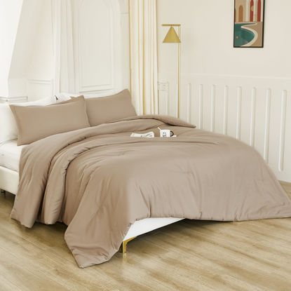 Picture of Litanika Taupe Comforter Set King Size, 3 Pieces Solid Bedding Comforter Set, All Season Fluffy Bed Set (104x90In Comforter & 2 Pillowcases)