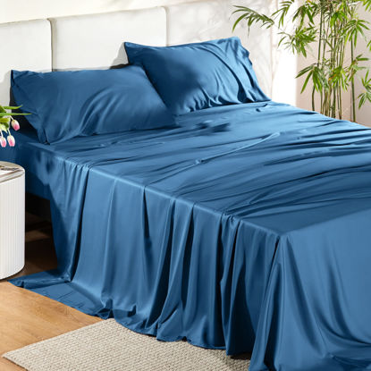 Picture of Bedsure Queen Sheets, Rayon Derived from Bamboo, Queen Cooling Sheet Set, Deep Pocket Up to 16", Breathable & Soft Bed Sheets, Hotel Luxury Silky Bedding Sheets & Pillowcases, Peacock Blue