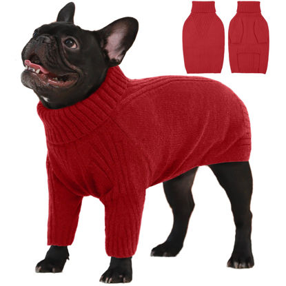 Picture of IECOii Large Dog Sweater,Pet Dog Sweaters for Large Dogs Boy,Thanksgiving Fall Knit Doggie Sweatshirt,Turtleneck Thick Warm Girl Dog Sweater,Winter Knitwear Clothes for Corgi,French Bulldog(Red,L)