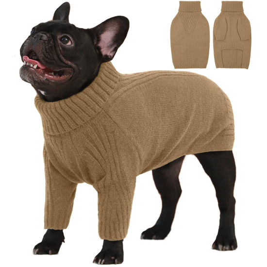 Picture of IECOii Large Dog Sweater,Pet Dog Sweaters for Large Dogs Boy,Thanksgiving Fall Knit Doggie Sweatshirt,Turtleneck Thick Warm Girl Dog Sweater,Winter Knitwear Clothes for Corgi,French Bulldog(Camel,L)