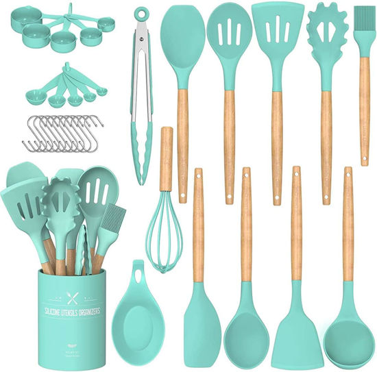 Picture of Umite Chef Kitchen Cooking Utensils Set, 24 pcs Non-stick Silicone Cooking Kitchen Utensils Spatula Set with Holder, Wooden Handle Heat Resistant Silicone Kitchen Gadgets Utensil Set (Green)