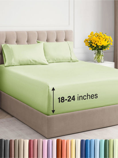 Picture of Extra Deep Twin XL Sheet Set - 4 Piece Breathable and Cooling Sheets - Hotel Luxury Bed Sheets Set - Easy Fit - Soft, Wrinkle Free and Comfy Sheets Set - Light Sage Sheet Set with Extra Deep Pockets