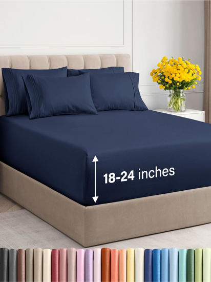 Picture of Extra Deep Full Sheet Set - 6 Piece Breathable & Cooling Sheets - Hotel Luxury Bed Sheets Set - Easy & Secure Fit - Soft, Wrinkle Free & Comfy Sheets Set - Navy Blue Sheet Set with Extra Deep Pockets