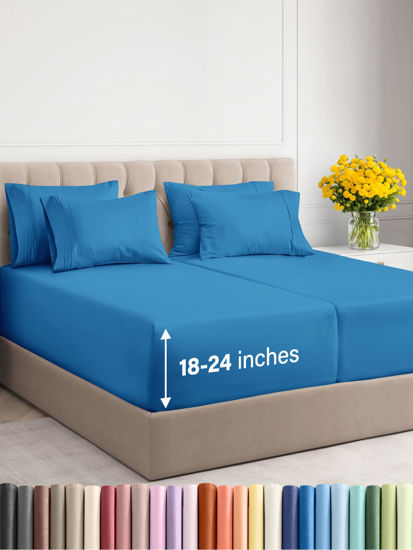 Picture of Extra Deep Split King Sheet Set - 7 Piece Breathable & Cooling Sheets - Hotel Luxury Bed Sheets Set - Easy Fit - Soft, Wrinkle Free & Comfy Sheets Set - Denim Blue Sheet Set with Extra Deep Pockets