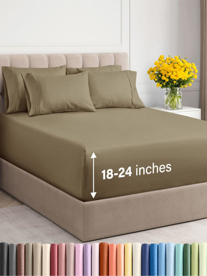 Picture of Extra Deep Cal King Sheet Set - 6 Piece Breathable & Cooling Sheets - Hotel Luxury Bed Sheets Set - Easy & Secure Fit - Soft, Wrinkle Free & Comfy Sheets Set - Khaki Sheet Set with Extra Deep Pockets