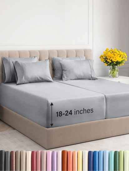 Picture of Extra Deep Split King Sheet Set - 7 Piece Breathable & Cooling Sheets - Hotel Luxury Bed Sheets Set - Easy Fit - Soft, Wrinkle Free & Comfy Sheets Set - Steel Blue Sheet Set with Extra Deep Pockets