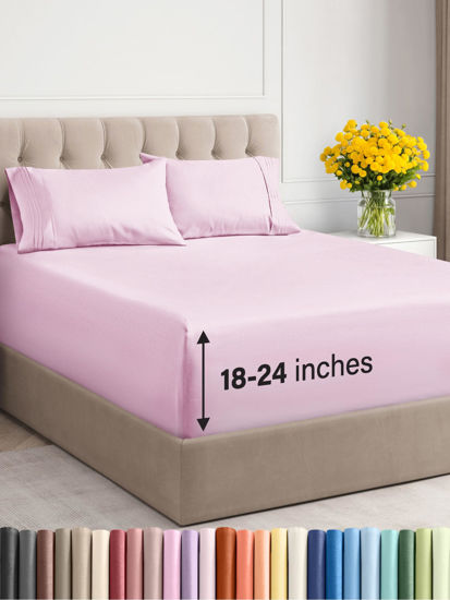 Picture of Extra Deep Twin Sheet Set - 4 Piece Breathable & Cooling Sheets - Hotel Luxury Bed Sheets Set - Easy & Secure Fit - Soft, Wrinkle Free & Comfy Sheets Set - Light Pink Sheet Set with Extra Deep Pockets