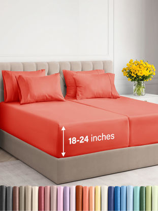 Picture of Extra Deep Split King Sheet Set - 7 Piece Breathable & Cooling Sheets - Hotel Luxury Bed Sheets Set - Easy & Secure Fit - Soft, Wrinkle Free & Comfy Sheets Set - Coral Sheet Set w/Extra Deep Pockets