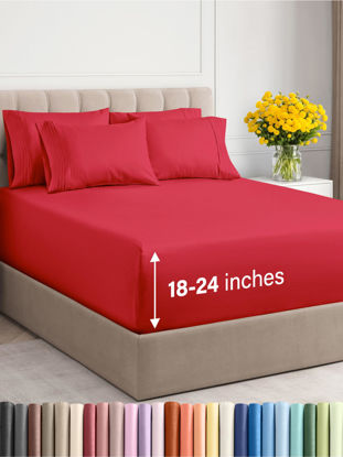 Picture of Extra Deep Full Sheet Set - 6 Piece Breathable and Cooling Sheets - Hotel Luxury Bed Sheets Set - Easy & Secure Fit - Soft, Wrinkle Free and Comfy Sheets Set - Red Sheet Set with Extra Deep Pockets