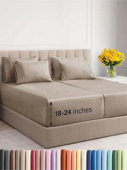 Picture of Extra Deep Full Sheet Set - 6 Piece Breathable and Cooling Sheets - Hotel Luxury Bed Sheets Set - Easy Fit - Soft, Wrinkle Free and Comfy Sheets Set - Heathered Beige Sheet Set with Extra Deep Pockets