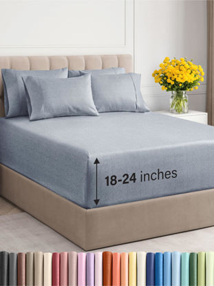 Picture of Extra Deep Twin XL Sheet Set - 4 Piece Breathable & Cooling Sheets - Hotel Luxury Bed Sheets Set - Easy Fit - Soft, Wrinkle Free & Comfy Sheets Set - Heathered Blue Sheet Set with Extra Deep Pockets