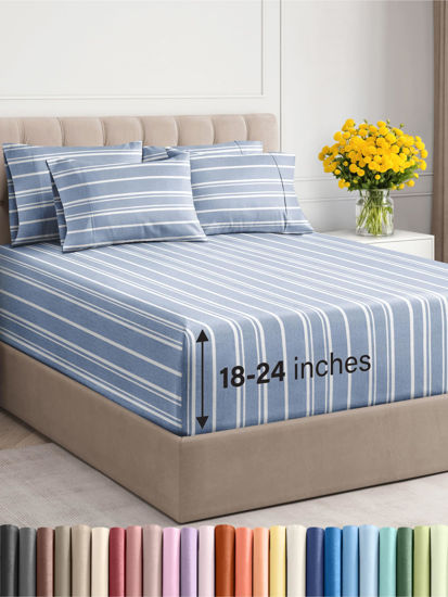 Picture of Extra Deep Twin XL Sheet Set - 4 Piece Breathable and Cooling Sheets - Hotel Luxury Bed Sheets Set - Easy Fit - Soft, Wrinkle Free and Comfy Sheets Set - Blue Striped Sheet Set with Extra Deep Pockets