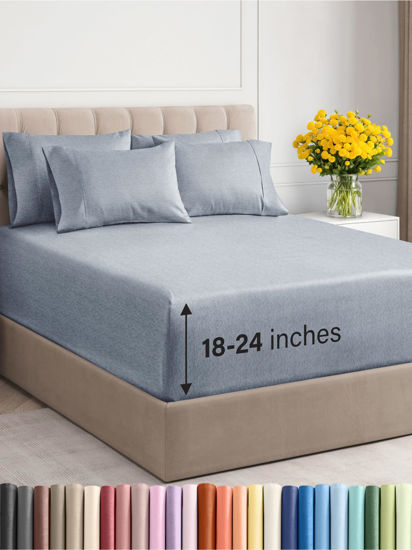 Picture of Extra Deep Twin Sheet Set - 4 Piece Breathable and Cooling Sheets - Hotel Luxury Bed Sheets Set - Easy Fit - Soft, Wrinkle Free and Comfy Sheets Set - Heathered Blue Sheet Set with Extra Deep Pockets