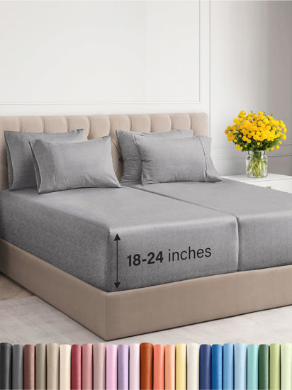 Picture of Extra Deep Full Sheet Set - 6 Piece Breathable and Cooling Sheets - Hotel Luxury Bed Sheets Set - Easy Fit - Soft, Wrinkle Free and Comfy Sheets Set - Heathered Grey Sheet Set with Extra Deep Pockets