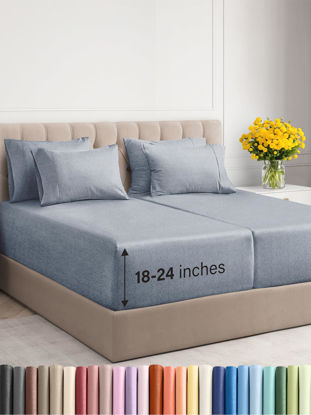 Picture of Extra Deep Cal King Sheet Set - 6 Piece Breathable & Cooling Sheets - Hotel Luxury Bed Sheets Set - Easy Fit - Soft, Wrinkle Free & Comfy Sheets Set - Heathered Blue Sheet Set w/Extra Deep Pockets