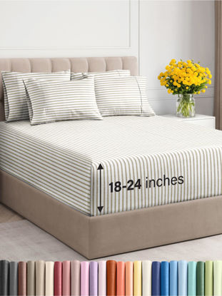 Picture of Extra Deep Twin Sheet Set - 4 Piece Breathable and Cooling Sheets - Hotel Luxury Bed Sheets Set - Easy Fit - Soft, Wrinkle Free and Comfy Sheets Set - Beige Striped Sheet Set with Extra Deep Pockets