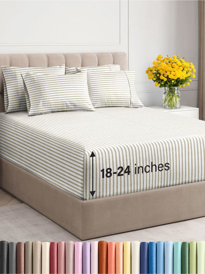 Picture of Extra Deep Twin Sheet Set - 4 Piece Breathable and Cooling Sheets - Hotel Luxury Bed Sheets Set - Easy Fit - Soft, Wrinkle Free and Comfy Sheets Set - Beige Striped Sheet Set with Extra Deep Pockets