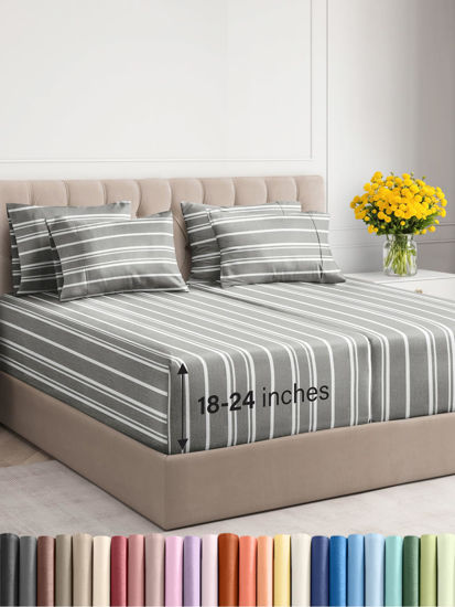 Picture of Extra Deep Split King Sheet Set - 7 Piece Breathable & Cooling Sheets - Hotel Luxury Bed Sheets Set - Easy Fit - Soft, Wrinkle Free & Comfy Sheets Set - Grey Striped Sheet Set w/Extra Deep Pockets