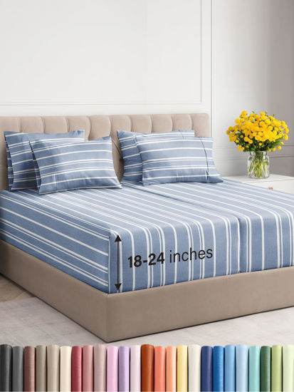 Picture of Extra Deep Split King Sheet Set - 7 Piece Breathable & Cooling Sheets - Hotel Luxury Bed Sheets Set - Easy Fit - Soft, Wrinkle Free & Comfy Sheets Set - Blue Striped Sheet Set w/Extra Deep Pockets