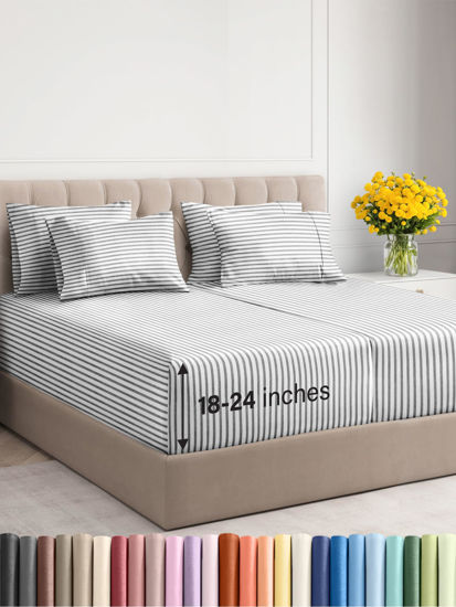 Picture of Extra Deep Cal King Sheet Set - 6 Piece Breathable & Cooling Sheets - Hotel Luxury Bed Sheets Set - Easy Fit - Soft, Wrinkle Free & Comfy Sheets Set - Grey Striped Sheet Set with Extra Deep Pockets