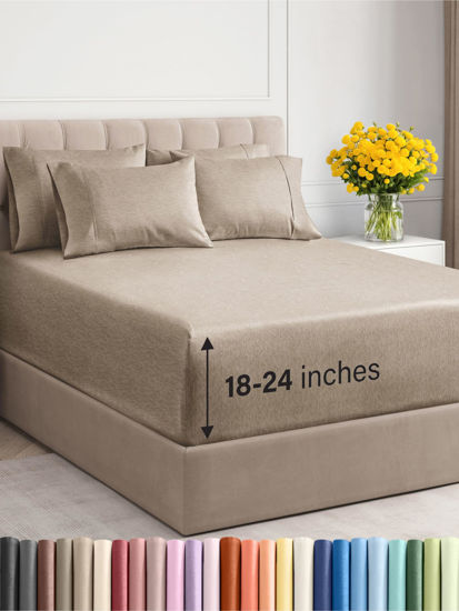 Picture of Extra Deep Twin XL Sheet Set - 4 Piece Breathable & Cooling Sheets - Hotel Luxury Bed Sheets Set - Easy Fit - Soft, Wrinkle Free & Comfy Sheets Set - Heathered Beige Sheet Set w/Extra Deep Pockets