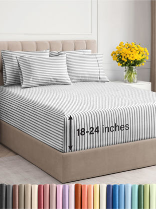 Picture of Extra Deep Twin XL Sheet Set - 4 Piece Breathable and Cooling Sheets - Hotel Luxury Bed Sheets Set - Easy Fit - Soft, Wrinkle Free and Comfy Sheets Set - Grey Striped Sheet Set with Extra Deep Pockets